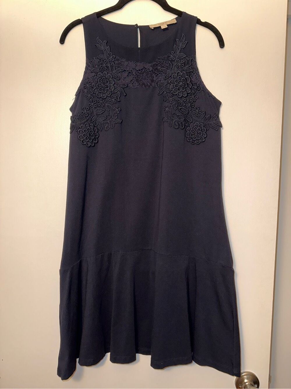 LOFT Petites Womens SP Navy Blue Floral Embroidered Sleeveless Mini Dress EUC